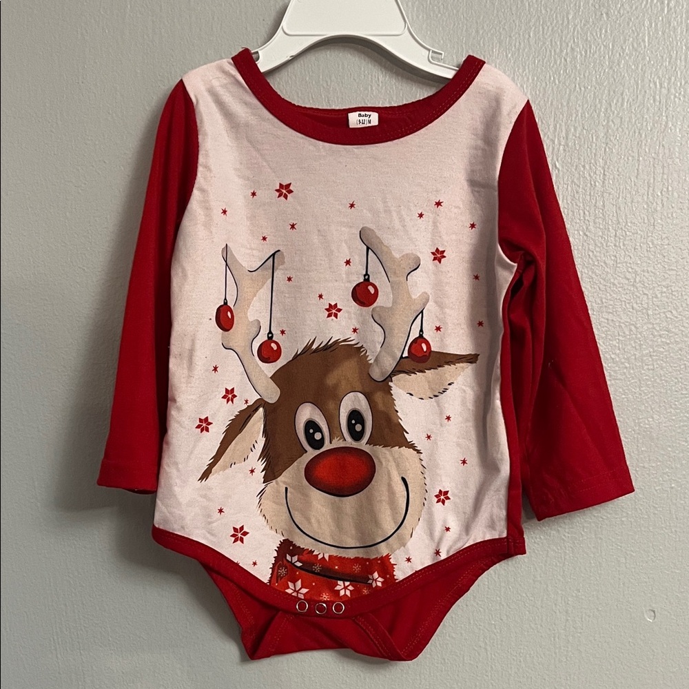 Red and White Reindeer Baby Onesie